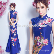 Elegant Stand Collar Royal Blue Evening Dress Flor bordada Tradicional Chinesa Party Party Vestido